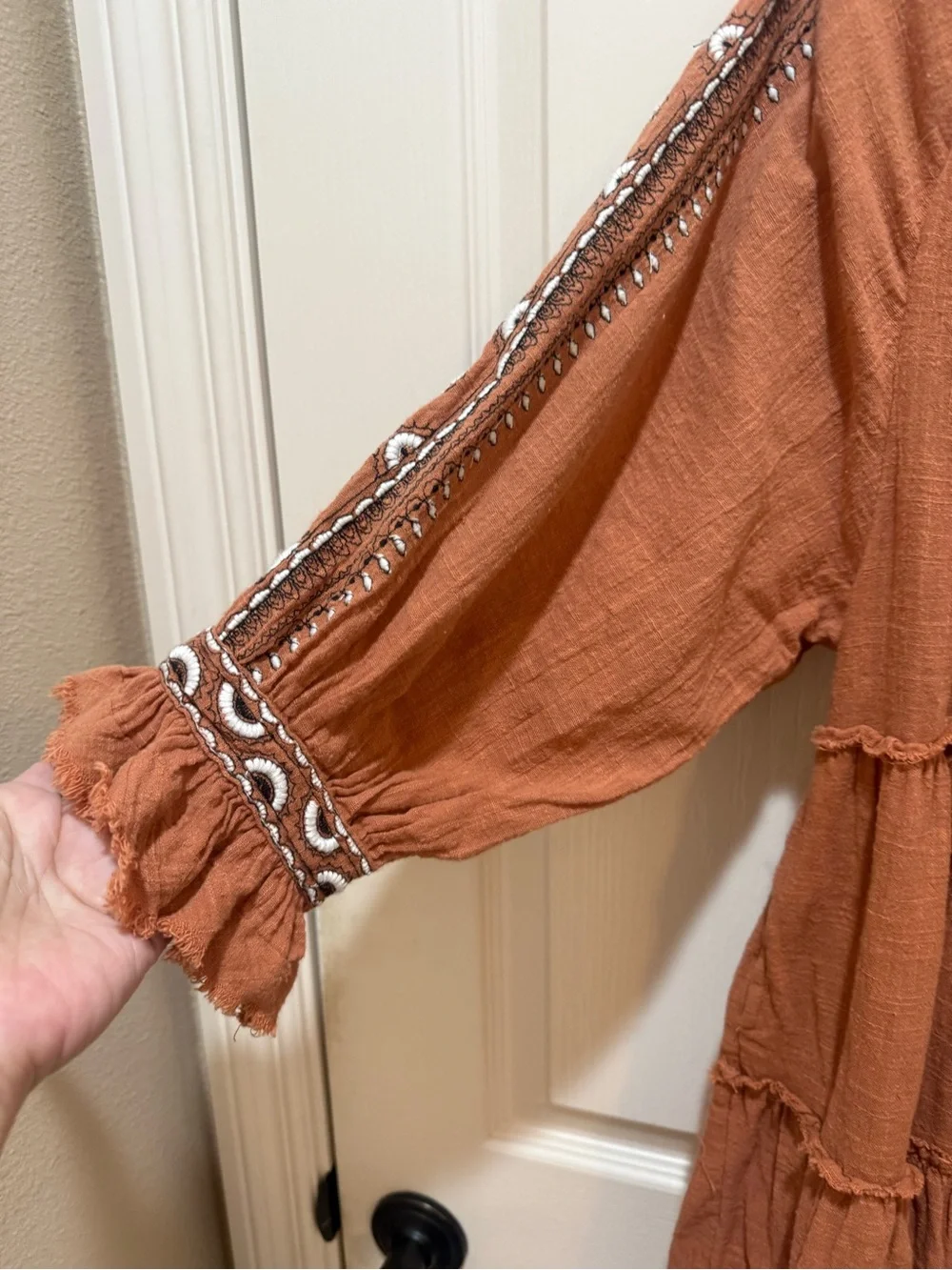 Free People Rust Tiered Boho Embroidered Midi Dress
